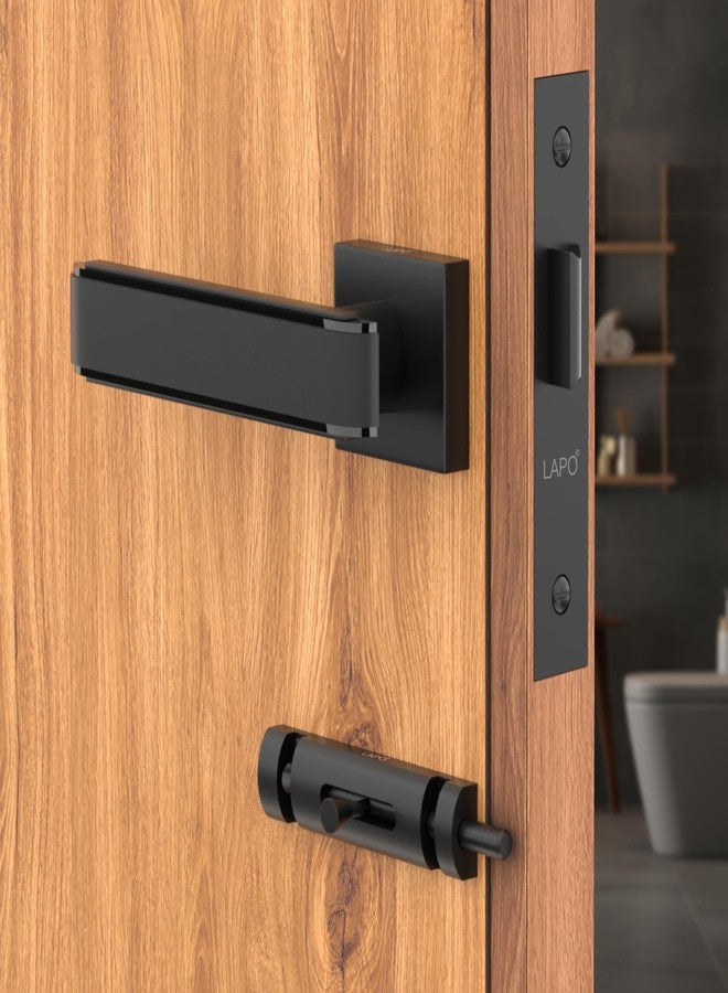 LAPO قفل باب شديد التحمل من لابو للحمام، طقم مقبض قفل نقر بدون مفتاح مع مزلاج وجسم قفل، طقم مقبض قفل باب الشرفة للمخازن والمكاتب والفنادق (لون أسود، ضمان 3 سنوات) Ro-1036 - Image 1